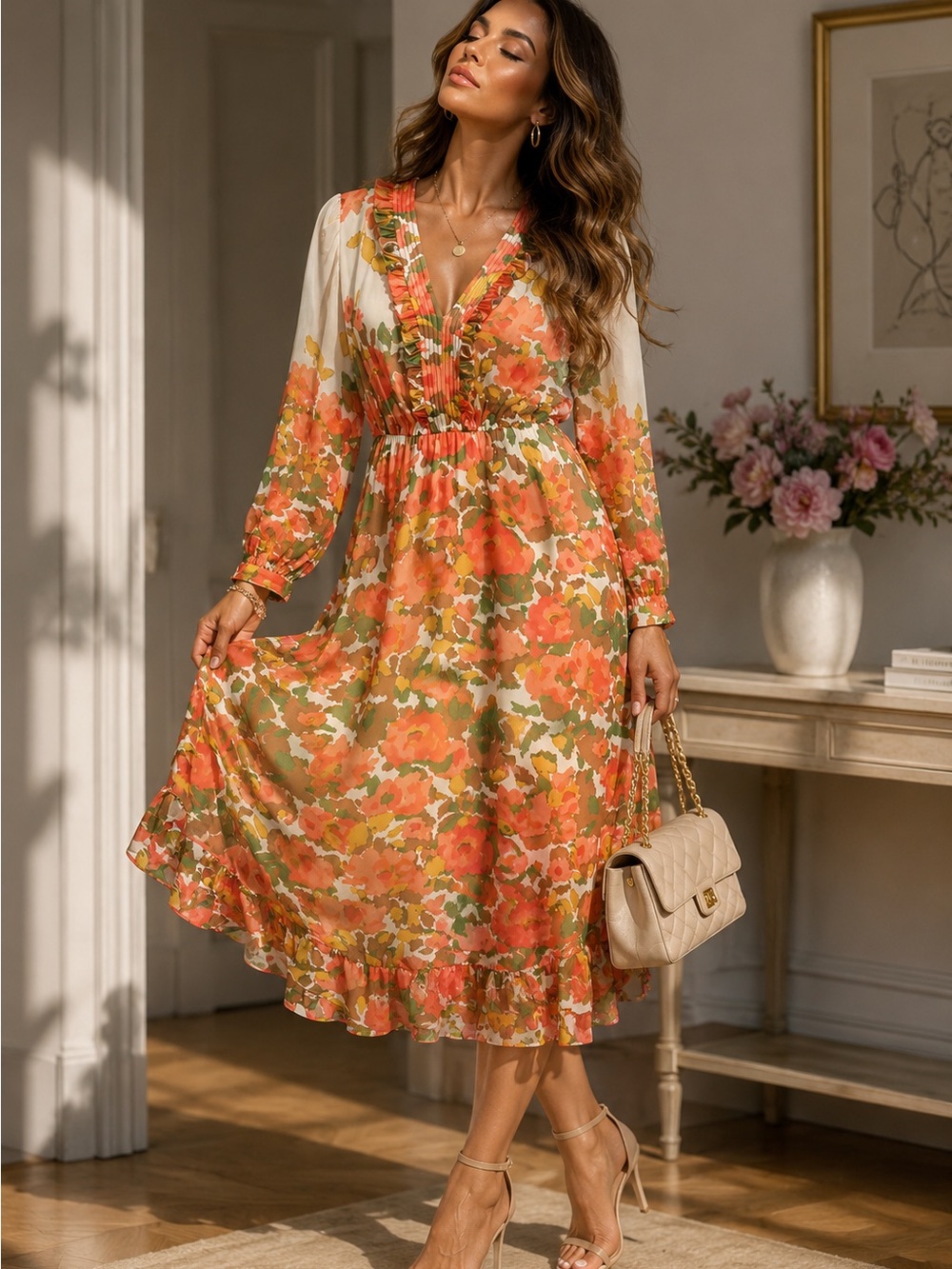 Floral V-Neck Orange Midi Dress with Ruffle Hem